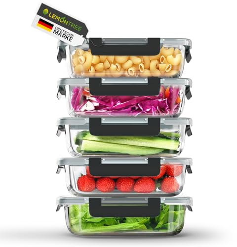 Lemontree Vorratsdosen mit Deckel Luftdicht - Meal Prep Boxen Glas - Mikrowellengeeignet, Spülmaschinenfest - Auslaufsicher, stapelbar - Aufbewahrungsbox Küche (Meal Prep Boxen 5er Set)