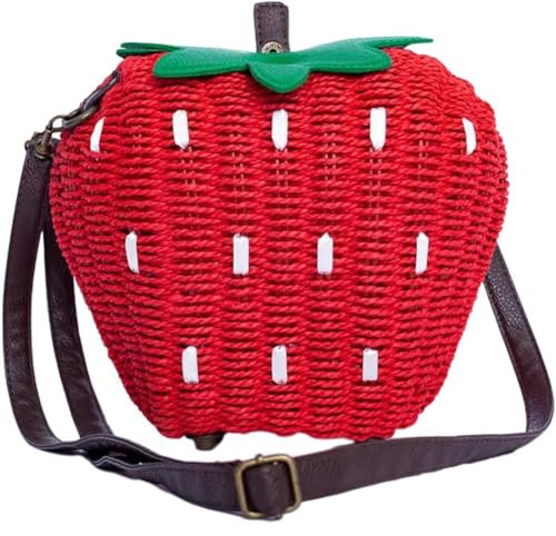 Glixoft Bolso De Mimbre De Paja Tejido Pastoral, Bolso De Mano con Dibujos De Fresas, Bolso De Hombro Tipo Bandolera Pequeño Y Sencillo para Niña