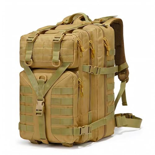 GKXLH Tactical Backpack - 45L Military Tactical Backpack for Men Women, 900D Oxford Fabric Tactical Army Bug Out Bag Rucksack Daypack, Tactical Bag for Hiking, Fishing, Camping (Khaki 45L)