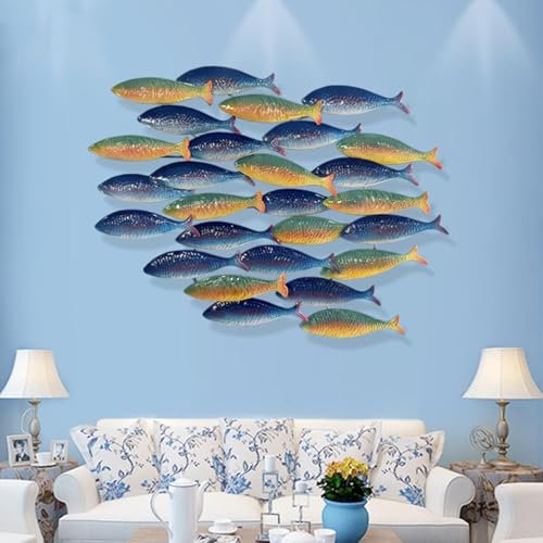 CVQJL Metall Wanddeko, Wanddekoration mit Fischen aus Metall, 3D-Wandkunst, große Wandskulptur aus Metall, Heimdekoration für Wohnzimmer und Schlafzimmer