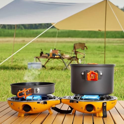 17000 Btu Camping Stove Gas Portable + Grill, 2 Adjustable Burners & Piezo Ignition, Outdoor Gas Camping Stove Cooker for Hiking, Camping, Trekking, Picnic