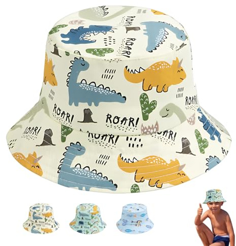 LHLZNB Baby solhatt 0-48 månader småbarn solskydd djurmössa för pojkar flickor unisex sommar hinkhatt med justerbar hakrem UV-skydd UPF 50+, Gul dinosaurie, S-M