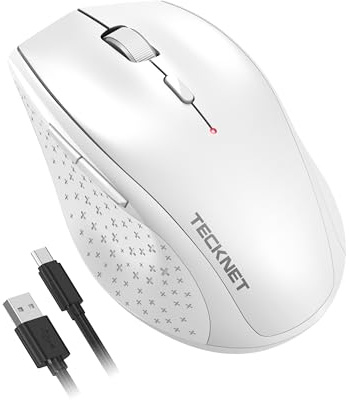 TECKNET PRO Rechargeable Wireless Mouse, 2.4GHz Computer Mouse with USB Nano Receiver, 6400 DPI Cordless Optical USB Mouse, 6 Adjustable Levels Silent Wireless mouse for Laptop/PC/Computer-White