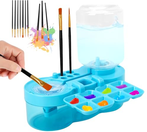 Foyucool Limpiador de Pinceles, con 10 Pinceles, Limpiador de Brochas de Maquillaje, Diseño del Ciclo del Agua, con Portapinceles y Paleta, para Acrílico, Acuarela y Base de Agua, Azul