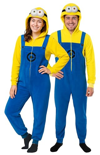 United Labels Minions Kostüm für Erwachsene, S, Gelb Blau, Jumpsuit Unisex, Overall mit Kapuze, Einteiler für Karneval Mottoparty