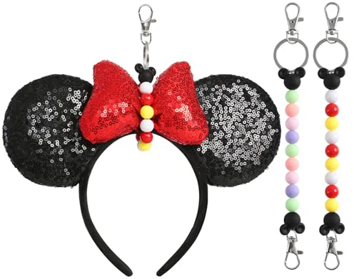 Obavioy 2Pcs Mouse Ear Headband Holders for Backpack Bag Park Trip Essentials Accessories Beaded Lanyard Keychain Red Purple