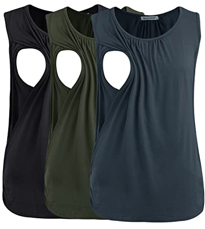Smallshow Lot de 3 Débardeur Allaitement Femme,Army Green-Black-Dark Grey,XXL