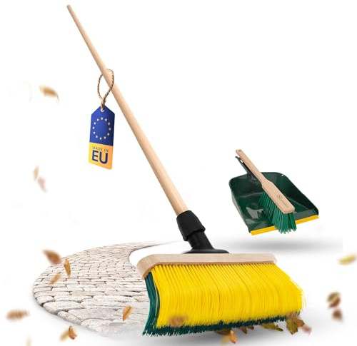 Novaliv Escoba premium con mango de 50 cm, incluye recogedor para exteriores, cepillo especial de cerdas curvas, ideal como escoba de jardín, escoba rascadora, escoba de césped artificial, ideal para