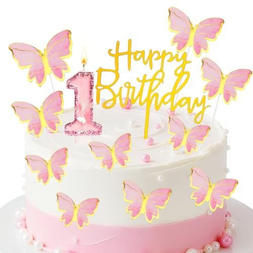 Zahl 1 Schmetterling Geburtstagskerzen,1. Geburtstag Schmetterling Blumenkerze,Rosa Kuchen Topper Dekoration,Geburtstagskerzen für Geburtstagsdeko