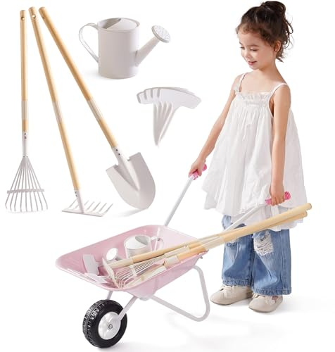 ROBOTIME Ensemble d'outils de jardin pour enfants en métal & outils de plantation, set de jardin grand format 5 pièces vert olive avec manche en bois de pin réglable, arrosoir, râteau, pelle, pour