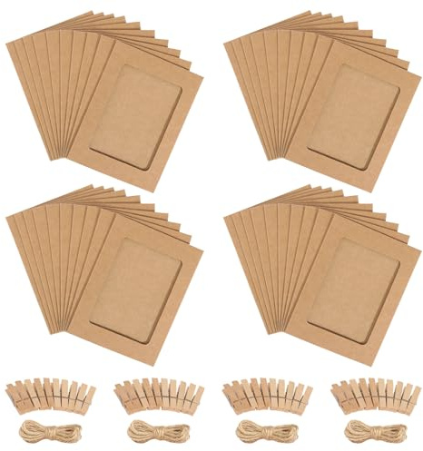 Ghirlanda per foto, 40 pezzi, in carta kraft, 10 x 15 cm, con 40 mollette in legno, 4 corde di canapa da 15,2 cm, per compleanni, matrimoni, feste (colore carta kraft)