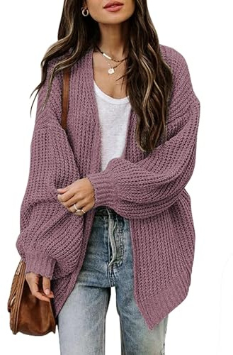Jhsnjnr kofta dam tjock öppen front stickad kappa oversize tröja höst långärmad grovstickad varm kofta, ROSA, XL
