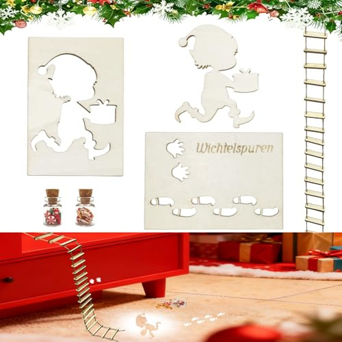 XILEPINGAN Wichtelschablone Fußabdrücke,Wichtelschablone Fußabdrücke Strickleiter Mit 2 Miniatur -Weihnachtsbonbons,Wichtel Fußabdrücke Vorlage,Holz Fußabdruck Schablonen Für Böden (A)
