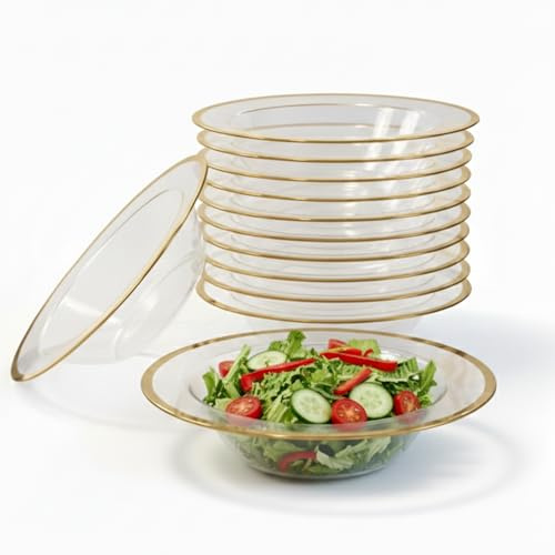 Playlearn Luxia 20Pcs Clear Gold Rim Plastic Bowls – Durable & Reusable Heavy Duty White Tableware – Elegant Soup & Dessert Bowls for Weddings, Catering, Buffets,Birthdays, and Parties