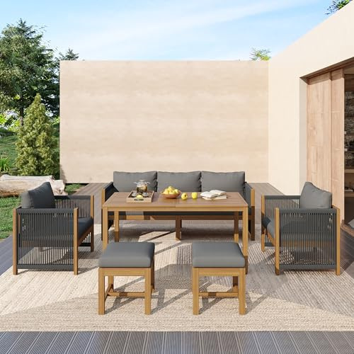 Zravenna Gartenmöbel-Set, Lounge Möbel Outdoor, Garten-Loungestuhl-Set, 6-teiliges Set, 3er-Sofa, 2 Einzelsofas, 2 Hocker, Esstisch, Akazien-Tischplatte (Grau A)