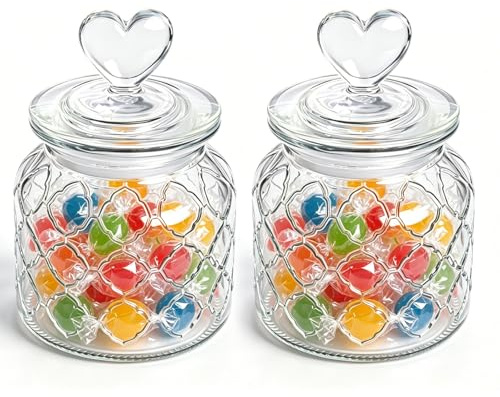 Gnaxyzthor 2 Stück Candy Bar Gläser, Bonbonglas Mit Herzform, 650ml Transparente Keksdose, Vorratsbehälter für Süßigkeiten, Dekorative Vorratsgläser mit Deckel für Candy Bar, Küche