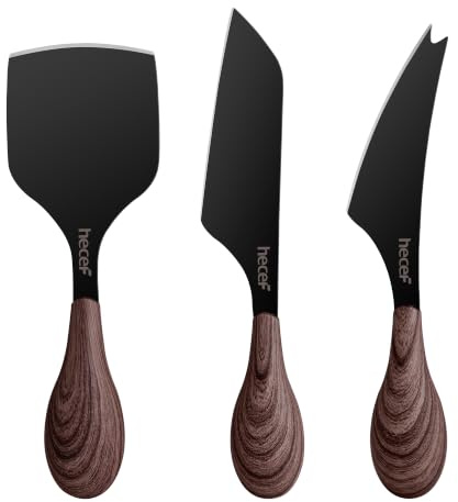 hecef Juego de 3 cuchillos para queso, hojas anchas, efecto madera de nogal