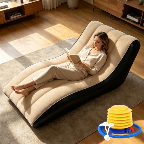 FUDUOXIAO Aufblasbares Sofa, Aufblasbare Couch Wasserdichtes Luftsofa Aufblasbarer Sessel mit Plüschbezug, 300kg Tragkraft Tragbare Aufblasbarer Stuhl Sofa für Garten Wohnzimmer Schlafzimmer