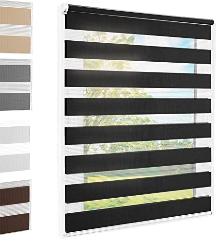 Doppelrollo Klemmfix ohne Bohren Schwarz 80x140 cm [Stoffbreite 76cm] Duo Rollo Fensterrollo für Fenster/Türen Gardine Klemmrollo Seitenzugrollo Sichtschutz Sonnenschutzrollo Zebrarollo