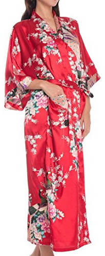 Femme Chemise de Nuit Soie Artifielle Paon Fleur - Kimono Robe de Chambre Longue avec Ceinture - Rouge - Taille 3XL