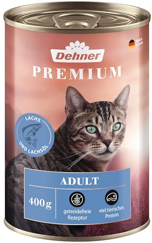 Dehner Premium Katzenfutter, Nassfutter getreidefrei, für ausgewachsene Katzen, Lachs, 6 x 400 g Dose (2.4 kg)