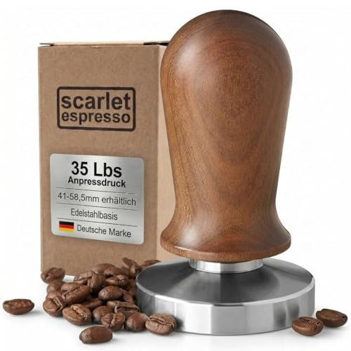 scarlet espresso | Tamper »Perfetto« für Barista; auf 35 lbs Anpressdruck kalibiriert; mit Alu- oder Edelholzgriff und Präzisions-Edelstahlbasis (Sandelholz - Braun, 57 mm)