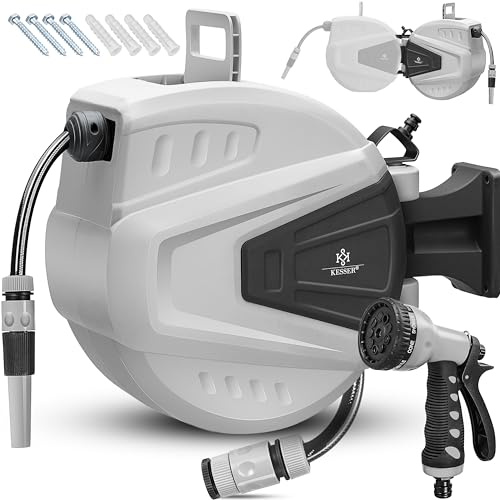KESSER® Enrollador de mangueras Agua | Ducha de mano múltiple | Giratorio 180° | Tapón de rebobinado | Montaje en la pared | Caja de mangueras de pared | Manguera de jardín, gris 20 M