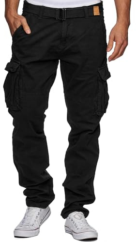Indicode Herren William Cargohose aus Baumwolle m. 7 Taschen inkl. Gürtel | Lange Regular Fit Cargo Hose Baumwollhose Freizeithose Wanderhose Trekkinghose Outdoorhose für Männer Schwarz XL