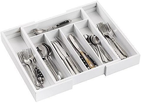 Vencier Cutlery Tray for Drawer - Bamboo Adjustable Cutlery Organiser Tray - Bamboo Cutlery Tray 5 to 7 Compartments (White)