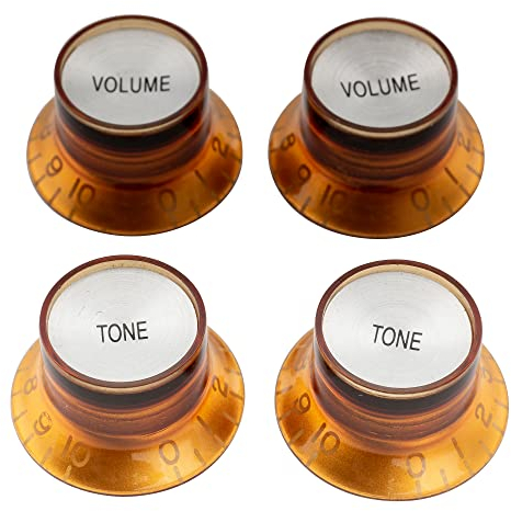 Musiclily Pro Zoll Größe 2 Volume 2 Tone Potiknopf Reflector Top Hat Bell Knobs Set für Double Cut USA Les Paul SG E-Gitarre, Amber mit Silber Top