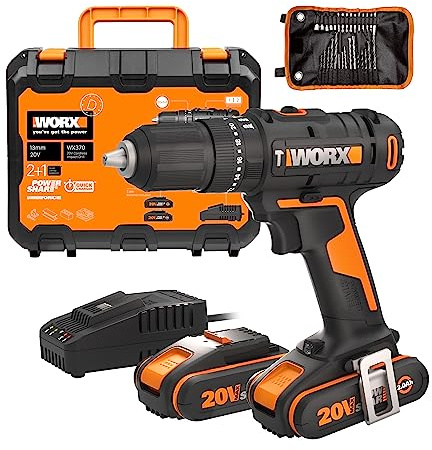 WORX 20V Cordless Combi Hammer Drill WX370 Impact Drill | 50N.m Max Torque, 2-Speed Gear, 13mm Keyless Chuck, Includes 30pcs Bits, PowerShare, 2 x 2.0Ah Batteries & Charger