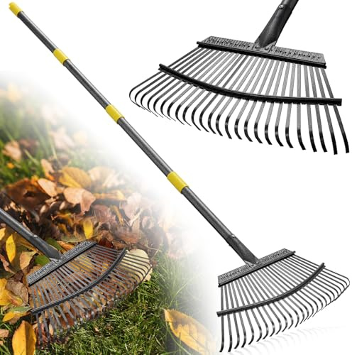 Garden Rake for Leaves: 18” Wide Metal Leaf Rake, 65” Long Adjustable Handle, Heavy Duty 25 Teeth, Fast Kids Women Large Lawn Yard Garden Leaf Cleanup Gardening Rakes: Grass,Debris,Pine Needles Pick