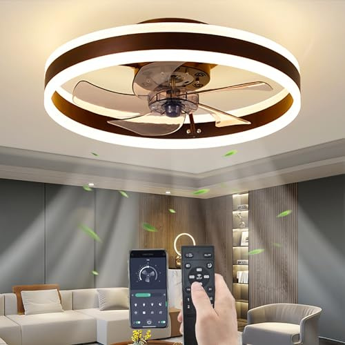 YUNZI Ruhig Deckenventilator mit Licht und Fernbedienung, LED 60W Dimmbar Deckenlampe Modern Deckenventilatoren zum Wohnzimmer Schlafzimmer, 6 Geschwindigkeiten, Dimmen Beleuchtung,Braun, 50CM