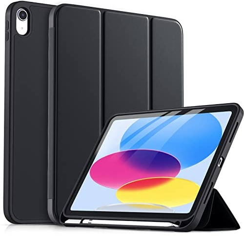 drivego Hülle für iPad (A16) 11. Gen 11 2025/10 10.9 2022, Schwarz | Flexible TPU Cover Rückseite Schutzhülle mit Stifthalter, Dreifach-Ständer，Unterstützt Touch ID, Auto Schlafen/Wachen