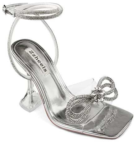 Zzheels Double Bowknots Crystal Sandals Clear Slingback Heels Square Toe Shoes for Party Wedding Dating Silver US7.5