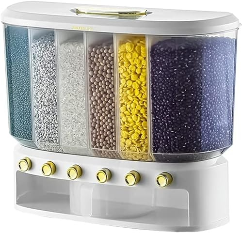 Cereal Storage Containers Dispenser,Candy Dispenser Machine Rice Dispenser 6 Grid 6-Grid Kitchen Food Dispenser With Button Wall Mount Bucket For (Color : White, Size : 42 * 16 * 36cm) (Color : Wit,