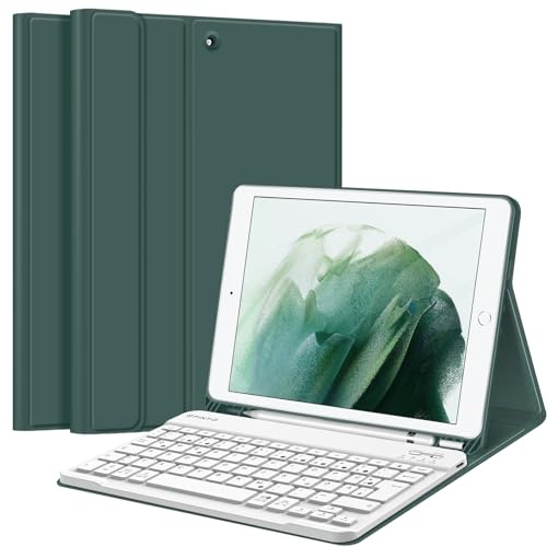 FINTIE Tastatur Hülle für iPad 10.2 Zoll (9/8/7 Generation, 2021/2020/2019) | Schutzhülle mit TPU Rückschale, Pencil Halter und magnetisch Abnehmbarer Tastatur mit QWERTZ Layout, Nachtgrün