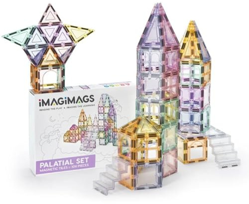 IMAGIMAGS Magnetiska byggplattor, 108 bitar PALACE Set för pojkar flickor och små barn, pastellfärgade magnetiska plattor aktivitets- byggklossar småbarnsleksaker, STEM, barn i åldrarna 3 år +