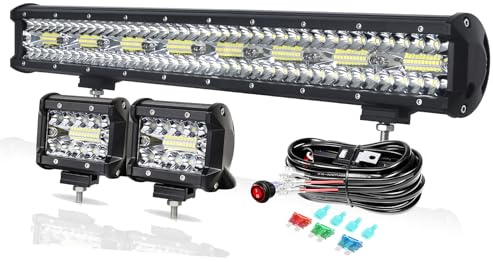 PICAA 23 Zoll 480W Lightbar+2x 4 36W Arbeitsscheinwerfer+Kabelbaum Kit, Tri-Reihen Lichtbalken 12V 24V Auto Offroad 4x4 Zusatzscheinwerfer Flutlicht Spotlight