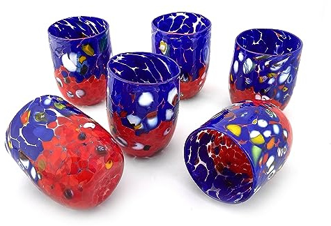 MAZZEGA ART & DESIGN 6 verres en verre de Murano, fabriqués sur l'île de Murano, soufflés et fabriqués à la main par des maîtres Vetrai - Special Edition (BLU-ROSSO, 6)