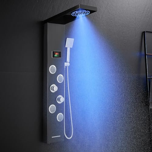 ROVOGO Schwarze Edelstahl 304 Duschpaneel mit Armatur, Duschpaneele ohne Batterie mit Temperaturanzeige und LED Licht, 5 Duschmodi Duschsäule - Nebel, Regen, Massagedusche, Wanneneinlauf, Handbrause