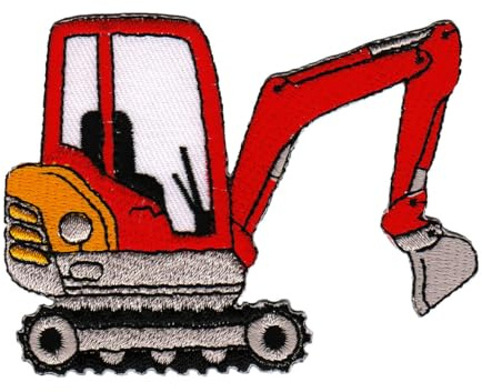 Bagger Rot Baustelle Aufnäher zum aufbügeln oder aufnähen Bügelbild Aufbügler für Kleidung gestickter Bügelflicken Applikation Patch Größe 8,5 x 6,4 cm