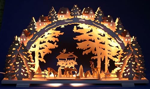 Großer LED 3D Schwibbogen Wildfütterung mit geschnitzten Rehen, 70cm x 40cm - Handarbeit aus dem Erzgebirge - Schwibbogen Weihnachten