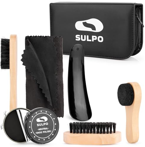 SULPO Kit Pulizia Scarpe 8 Pezzi - Set Pennelli Viaggio - Pulizia Scarpe Pelle - Lucida Scarpe Nero/Neutro - Calzascarpe - Custodia in Pelle PU - Cura delle scarpe