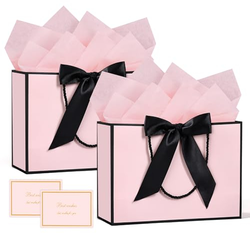 BBLIKE Pochette Cadeau Papier - 2 Pièces Sac Emballage Cadeaux Grand Format Avec Anse, Gift Bag Paquet 28*20*10CM Luxe Avec Noeud + 2 Cartes + 4 Mouchoirs Pour Fête d'Anniversaire, Mariage (Rose-Noir)