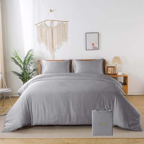 bienDo Bamboo Duvet Cover Set, Double Size, Grey, Vegan Silk - Silky Soft, Cooling, Hypoallergenic, Luxury, Include 1 Quilt Cover+ 2 Pillowcases