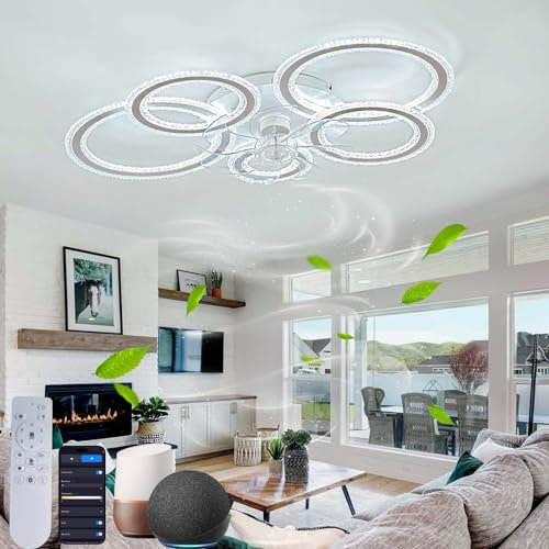 Weißer Lampe Mit Ventilator Alexa,Memory Funktion Smart Modernes Celing Light with Fan Dimmbar Leise 6-Gang Reversibel Dc Motor Für Schlafzimmer Wohnzimmer Küche Büro-APP+Remote Control+Alexa