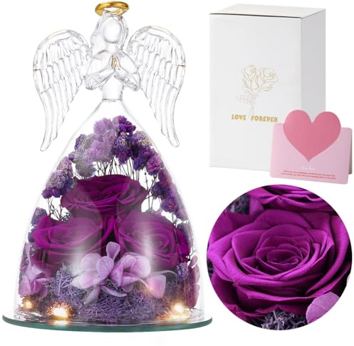 Emibele Konservierte Rose Glas Engel Figur Geschenke für Mama Oma, Violett | Muttertagsblumen Lieferung, Jubiläums Weihnachts Erntedank Geburtstags Geschenke für Damen, Ehefrau, Tochter, Sie