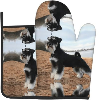 Ofenhandschuhe und Topflappen-Set, Motiv: Schnauzer, Hund, hitzebeständig, personalisierbar, bedruckt, sicher, rutschfest, für Küche und Kochen