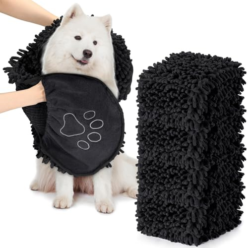 Newwiee 4 Pcs Large Dog Towels for Drying Dogs with Hand Pocket Microfiber Shammy Towel 32 x 14 in Dog Bath Towel Absorbent, Quick Drying, Machine Washable for Pet Puppy Clean Shower Supplies(Black)